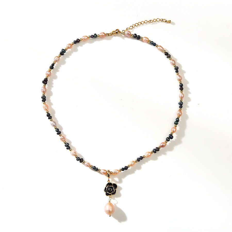 Camellia Pendant Baroque Pink Black Pearl Necklace