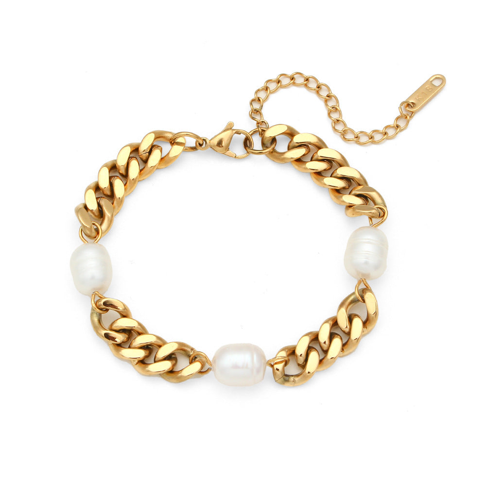 18K Gold Plated Stainless Steel Cuban Chain Three Pearl Waterproof Bracelet