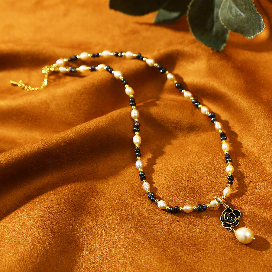 Camellia Pendant Baroque Pink Black Pearl Necklace