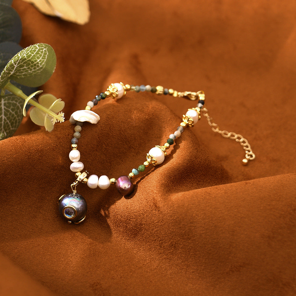 Zircon Inlaid Natural Pearl And Tourmaline Bracelet