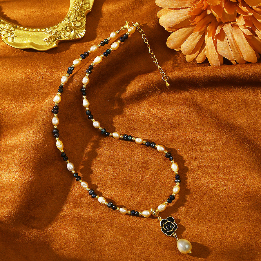 Camellia Pendant Baroque Pink Black Pearl Necklace
