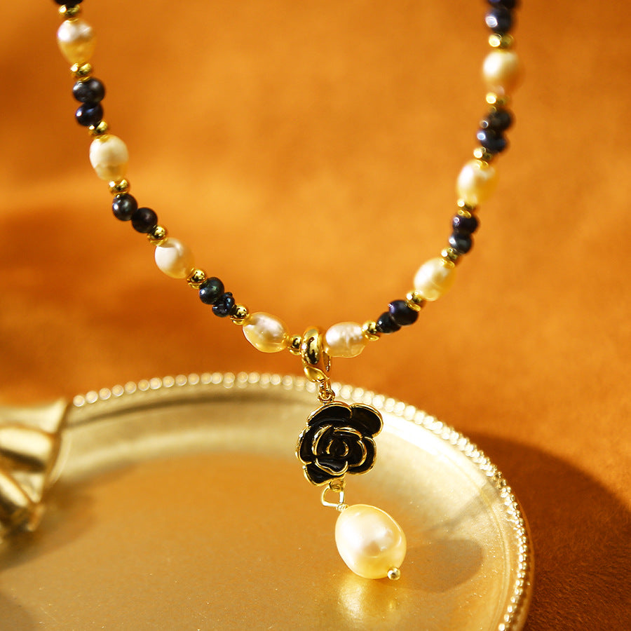 Camellia Pendant Baroque Pink Black Pearl Necklace
