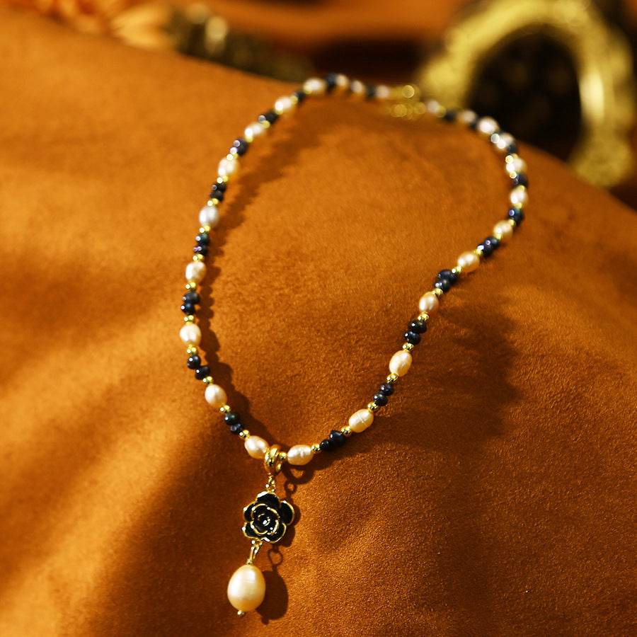Camellia Pendant Baroque Pink Black Pearl Necklace