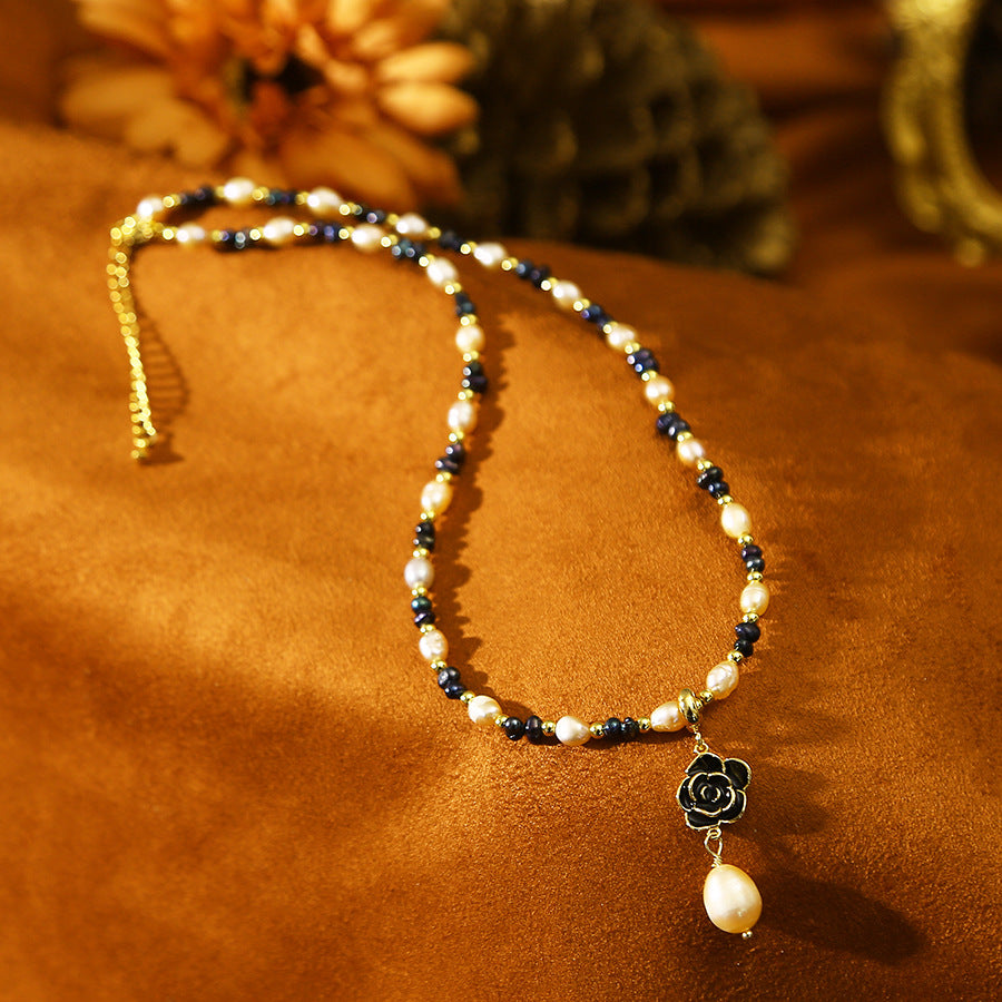 Camellia Pendant Baroque Pink Black Pearl Necklace