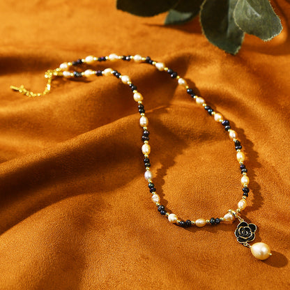 Camellia Pendant Baroque Pink Black Pearl Necklace