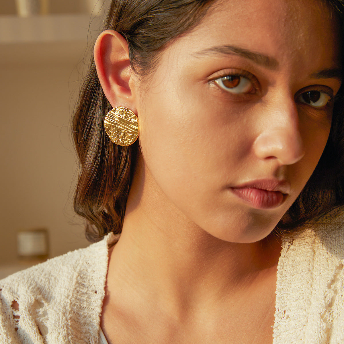 18K Gold Pleated Hammered Round Earrings Waterproof