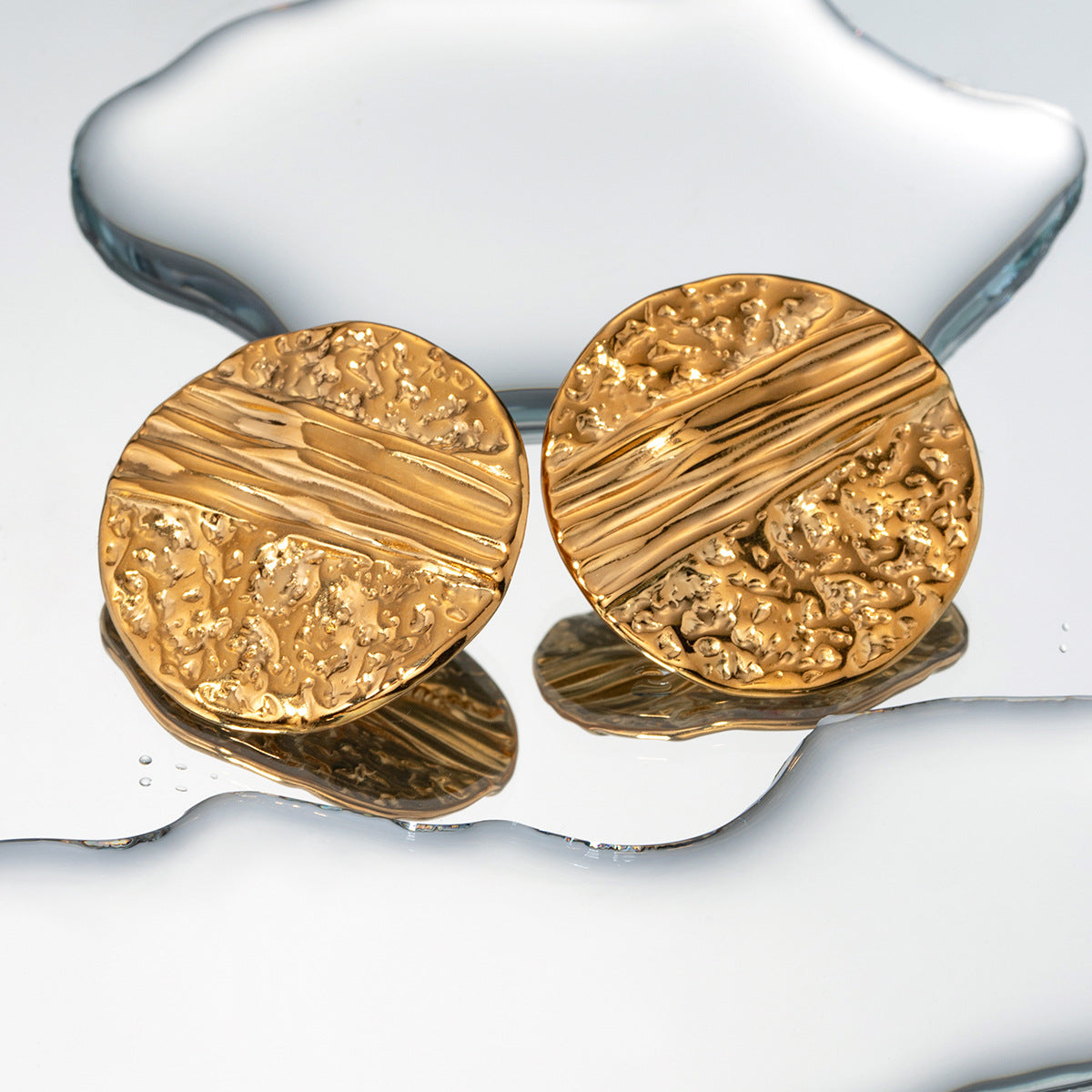 18K Gold Pleated Hammered Round Earrings Waterproof