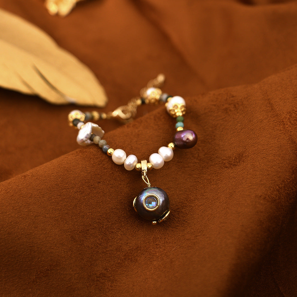 Zircon Inlaid Natural Pearl And Tourmaline Bracelet