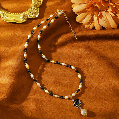 Camellia Pendant Baroque Pink Black Pearl Necklace
