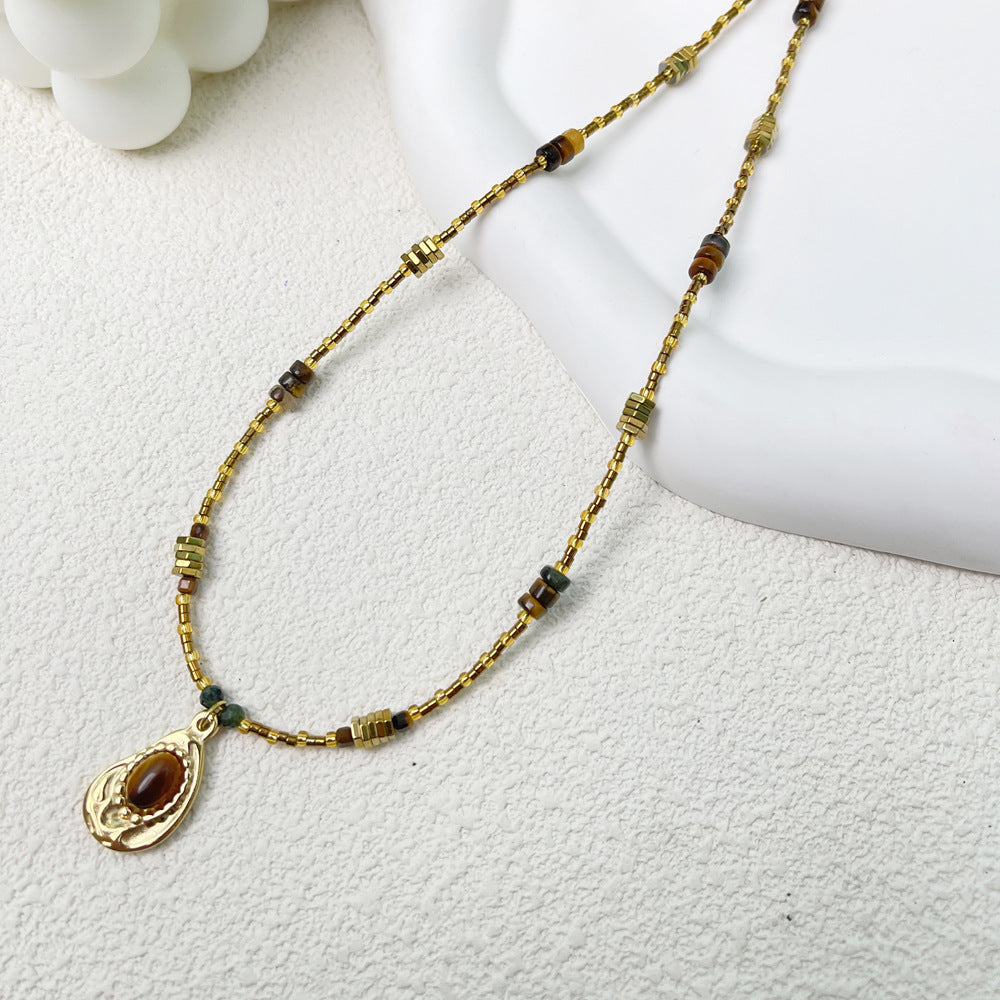 Natural Tiger Eye Stone Avocado Pendant Necklace