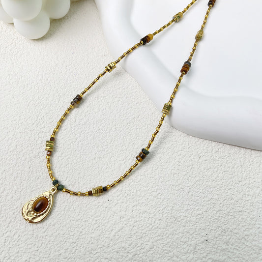 Natural Tiger Eye Stone Avocado Pendant Necklace