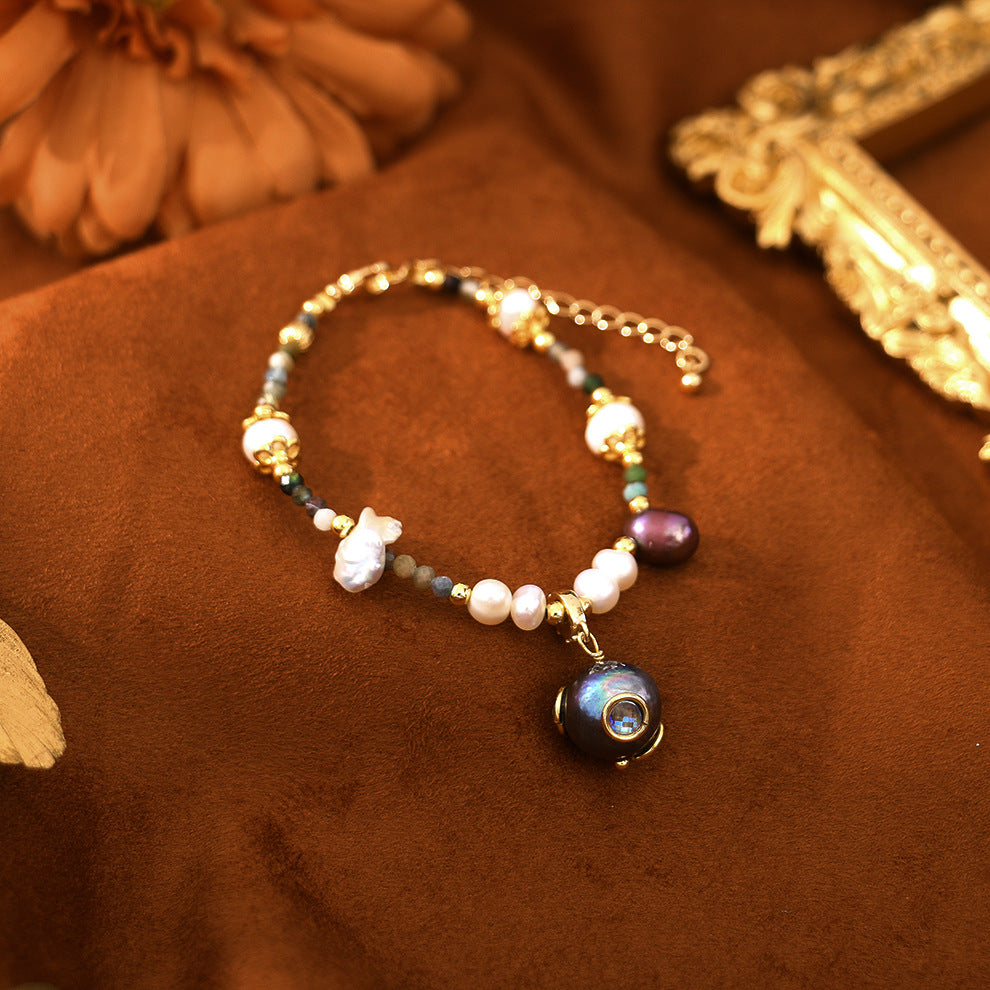 Zircon Inlaid Natural Pearl And Tourmaline Bracelet