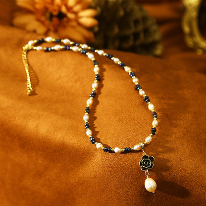 Camellia Pendant Baroque Pink Black Pearl Necklace