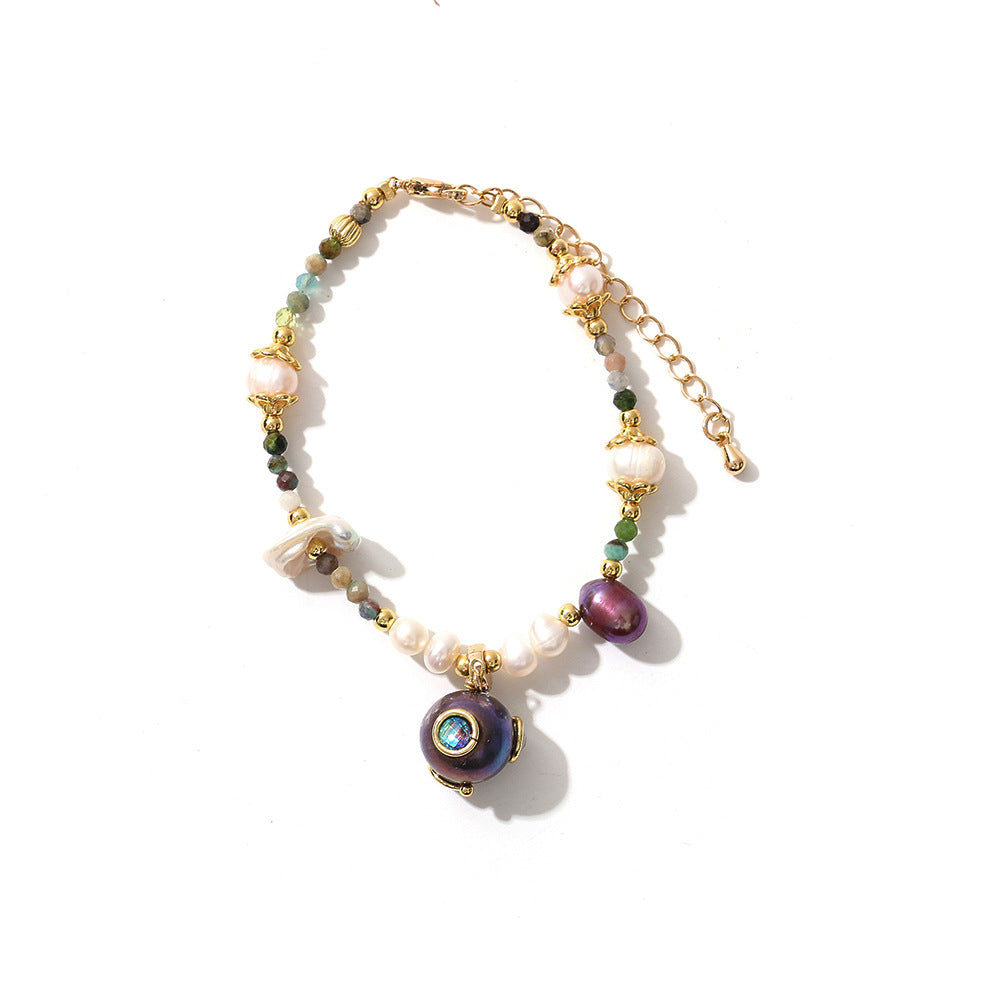 Zircon Inlaid Natural Pearl And Tourmaline Bracelet